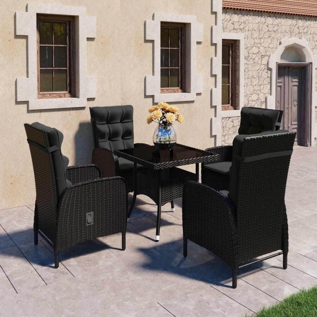 The Living Store 5-tlg. Garten-Essgruppe Poly Rattan und Glas Schwarz