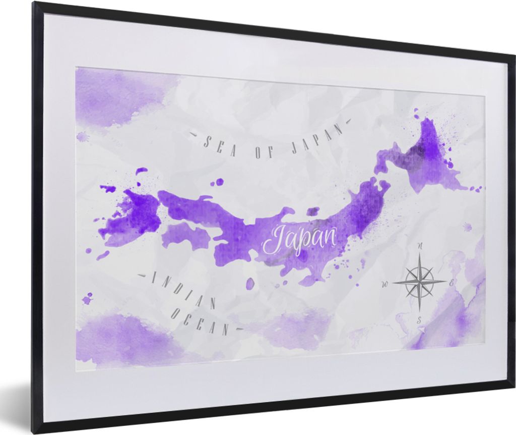 MuchoWow MuchoWow Gerahmtes Poster Weltkarten - Japan - Violett 60x40 cm - Poster mit zchwarzem Bilderrahmen - Schlafzimmer - Plakat in Rahmen ...
