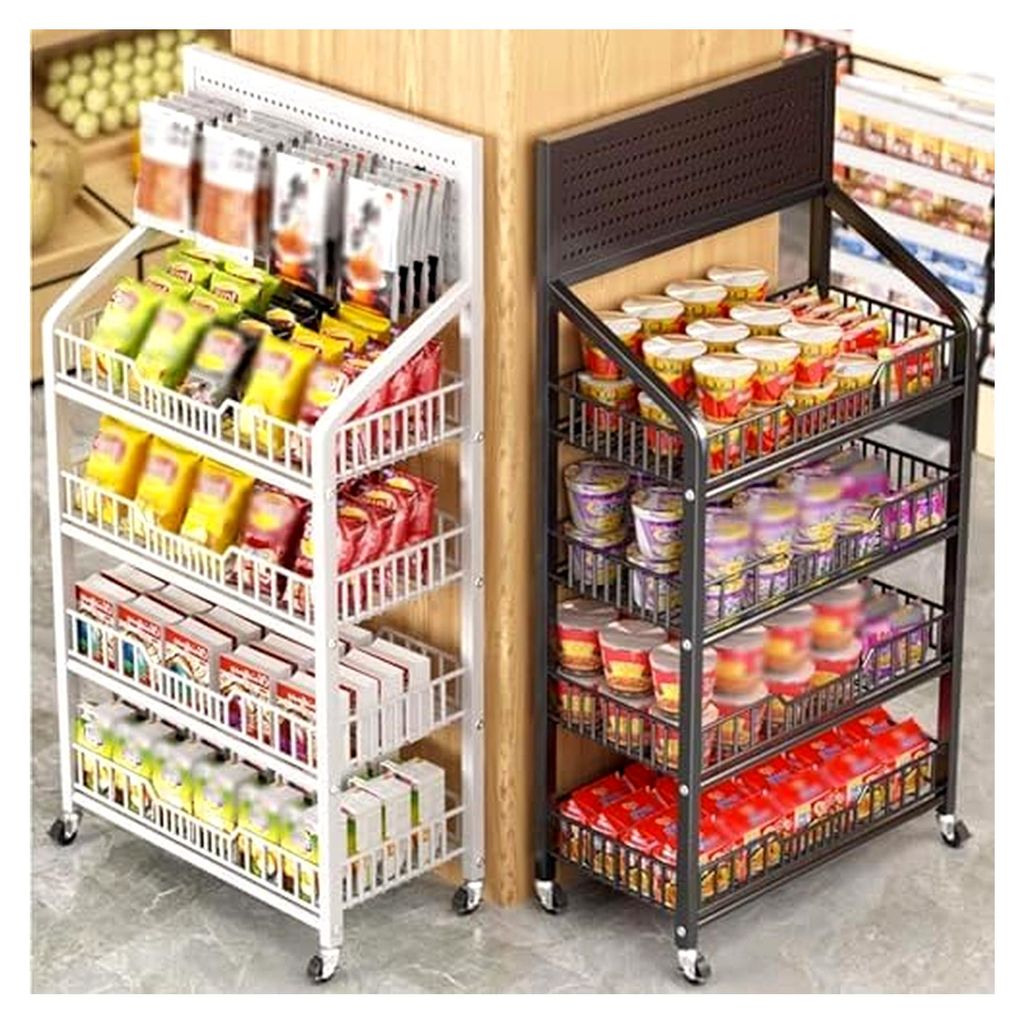 Verkaufsregal, 4-stöckiges Snackregal mit Rollen und Fußmatte, freistehender Kartoffelchips-Halter aus Metall für Haushalt, Kioske, Küche, Obst...
