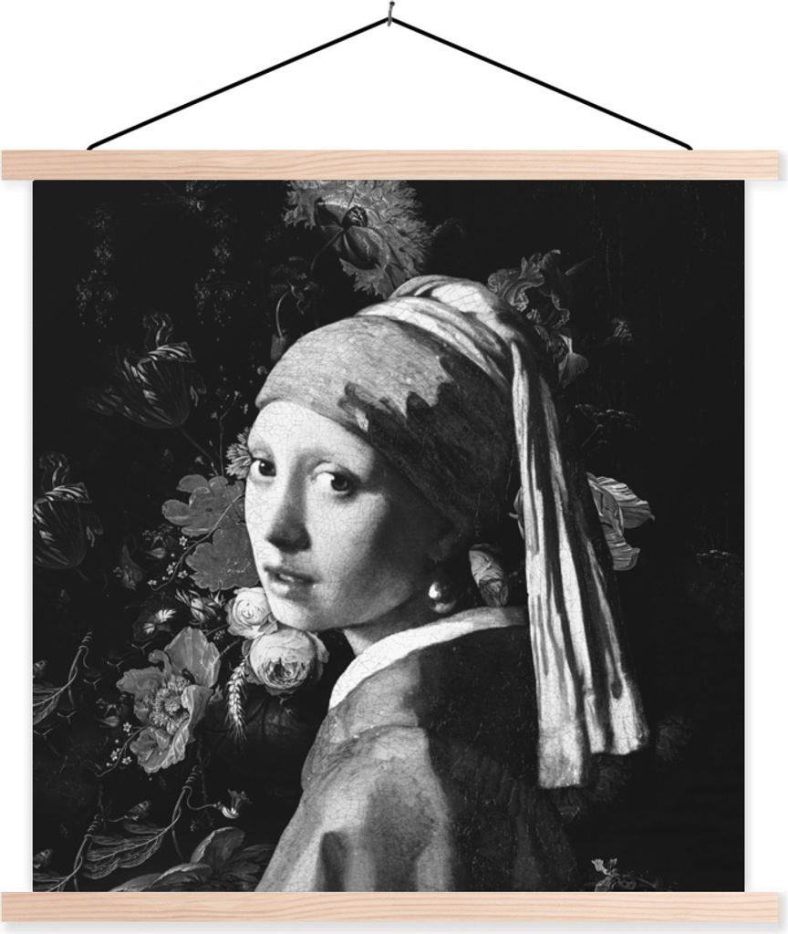 MuchoWow Textilposter Das Mädchen mit dem Perlenohrring - Johannes Vermeer - Schwarz und weiß 40x40 cm mit holzfarbenen Rahmen - Posterleiste