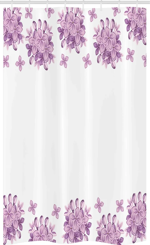 ABAKUHAUS Tenda da doccia stretta con motivi floreali, fiori viola, set decorativo per bagno in tessuto con ganci, 120 x 180 cm, lilla e bianco