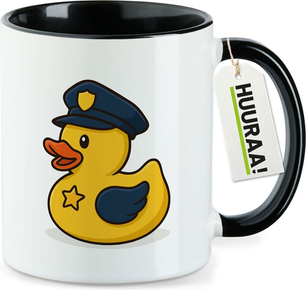 Huuraa Kaffeetasse Quietscheente Polizei Comic Gummiente 330ml Schwarz Keramik Kaffeebecher Geschenkidee