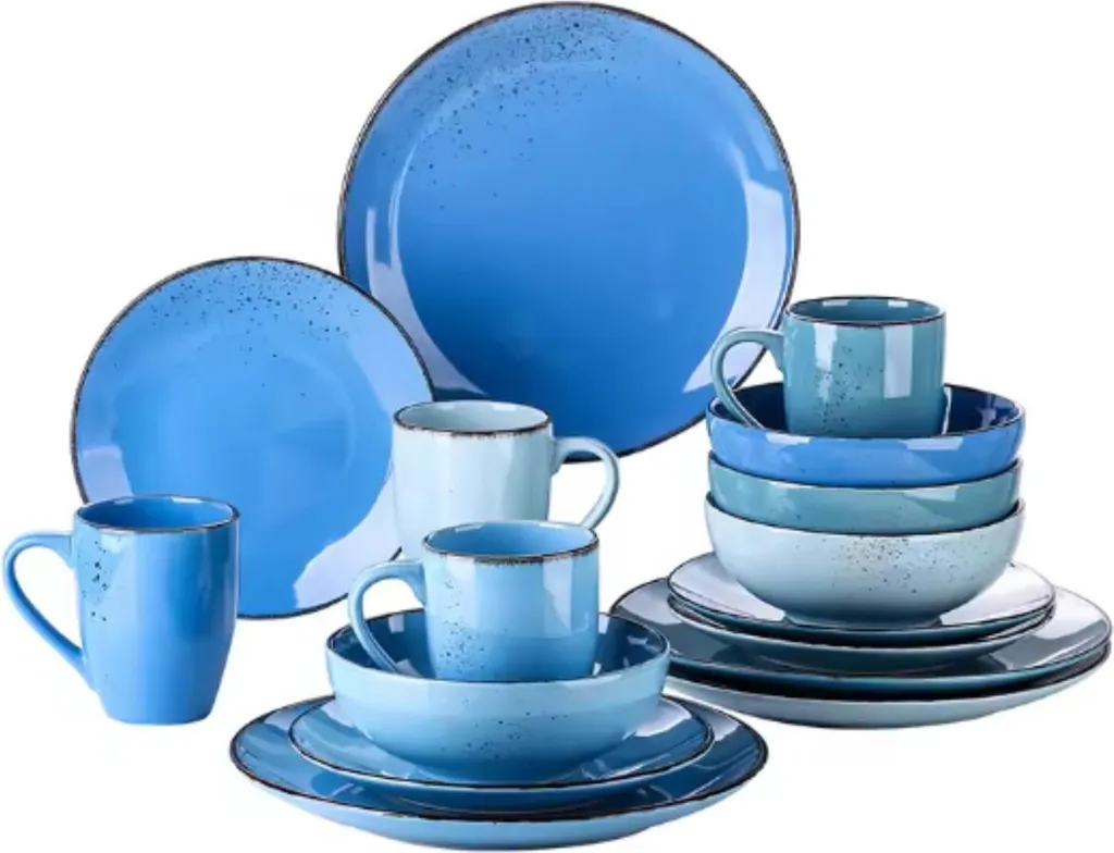 Set Piatti 16 Pezzi Lucenzo Mix Blue | Ceramica Antigraffio per 12 Persone