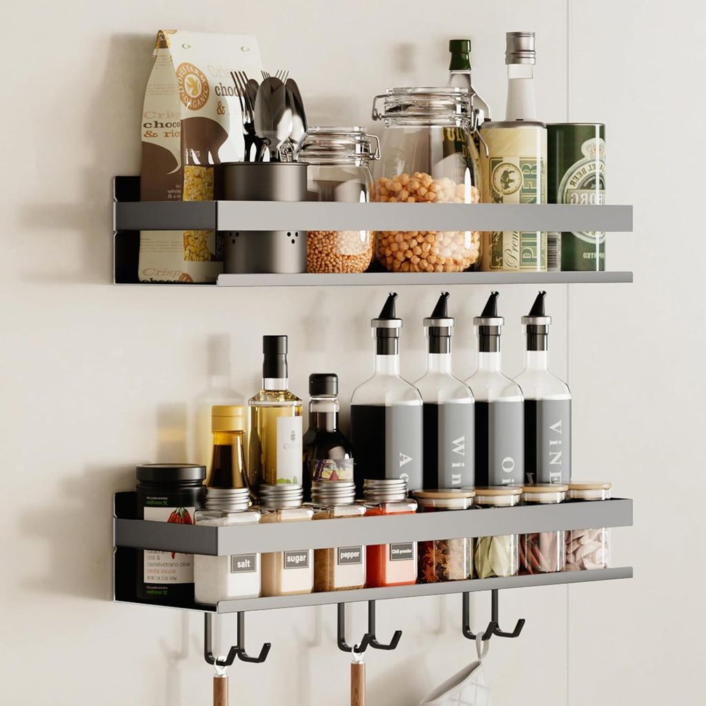 Hängendes Gewürzregal Set von 2 ohne Bohren mit 6 Haken Grau 40 - Wandmontiertes Gewürzregal für Küchengeräte