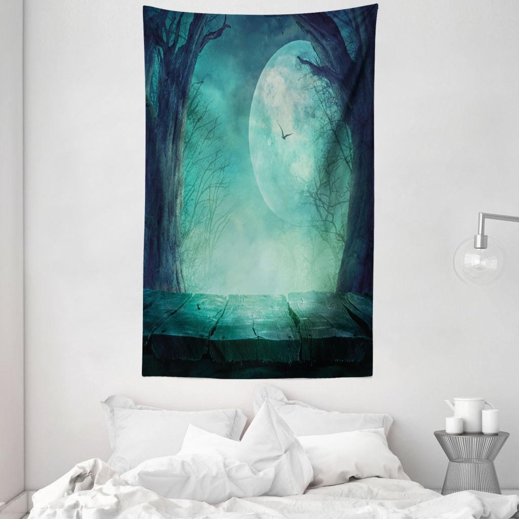 ABAKUHAUS Teal Wandteppich und Tagesdecke, Spooky Wald Halloween aus Weiches Mikrofaser Stoff Waschbar ohne Verblassen Digitaldruck, 140 x 230 cm, ...