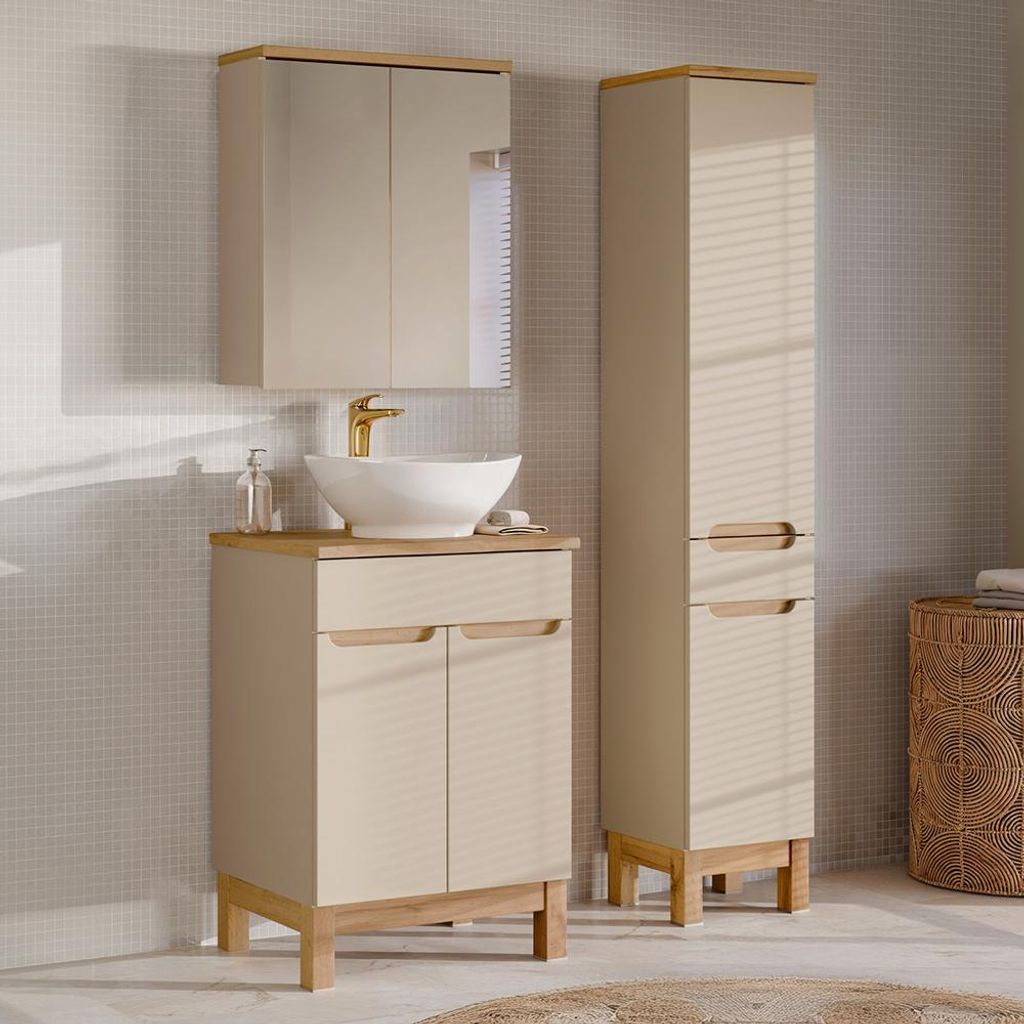 Badmöbel-Set 3-teilig mit 60 cm Waschtisch & Spiegelschrank in kaschmir und Eiche, modern grifflos - SOLNA-56-CASHMERE