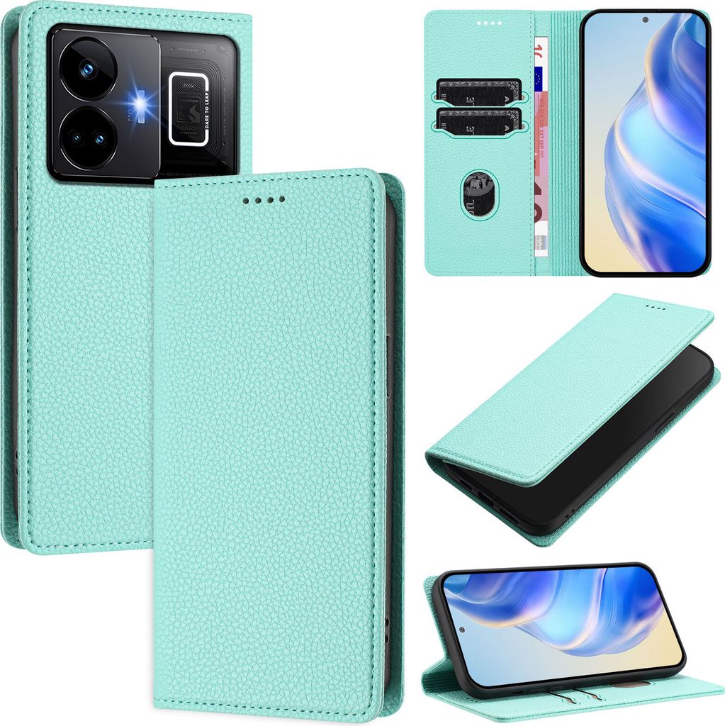 Litchi Leder Handyhülle für Realme GT3/Realme GT Neo 5 240W Wallet Kartenfächer Standfunktion Hülle Türkis