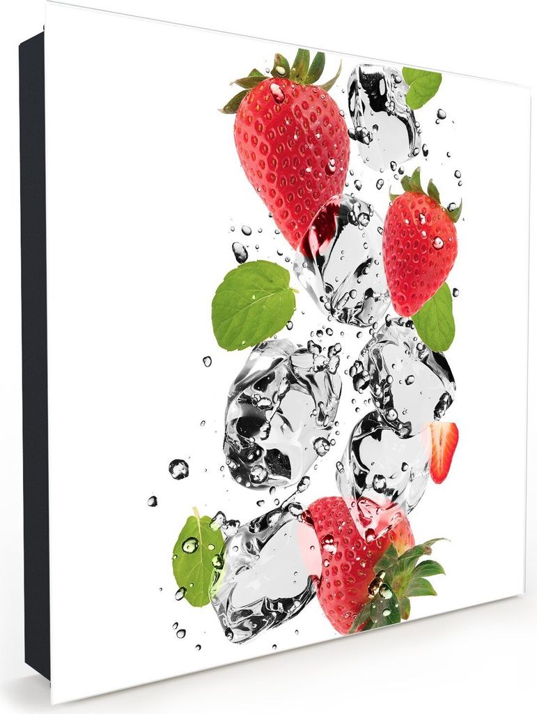 Nachbildung-Schlüsselkasten, Magnetpinnwand und Memoboard mit Glasfront Motiv Erdbeeren auf Wassersplash