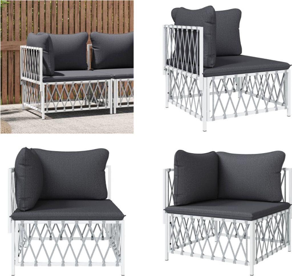 vidaXL Garten Ecksofa mit Kissen Weiß Gewebe - Garten Ecksofa - Garten Ecksofas - Outdoor Ecksofa - Ecksofa Terrasse
