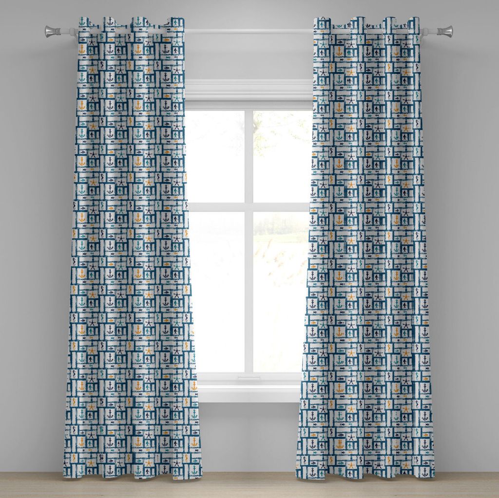 ABAKUHAUS Marine Ösenvorhang, Marine Grunge Seestern Anker Seahorse Unterwasser Marine Murky Design, Dekorative 2-Panel-Fenstervorhänge, 280 cm x...