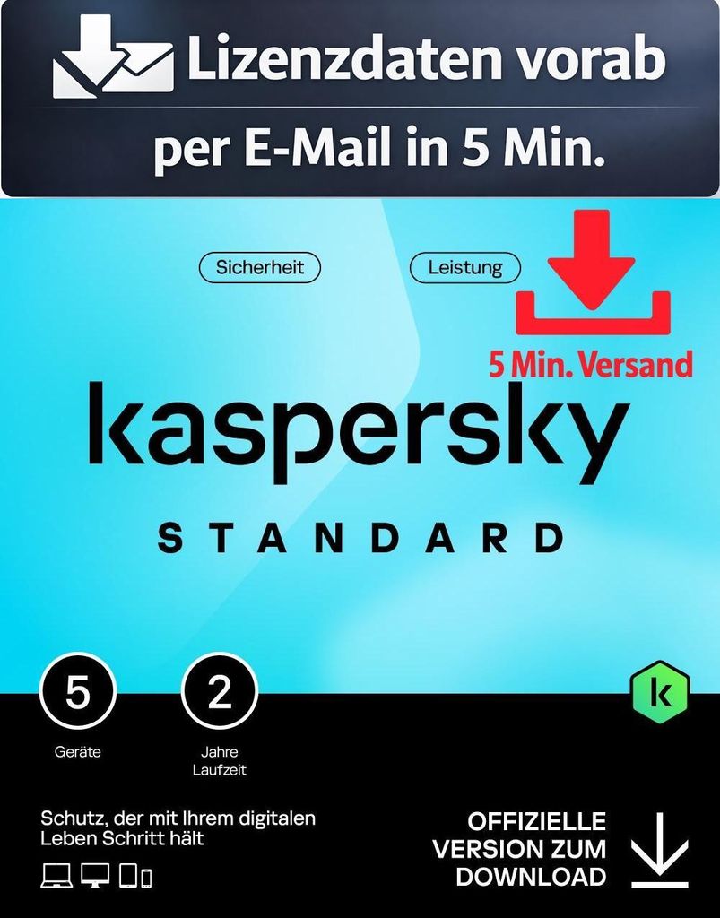 Kaspersky Standard (5 Device - 2 Jahre) ITALY ESD Antivirus Sicherheit 5 Min. Versand als Download per Mail