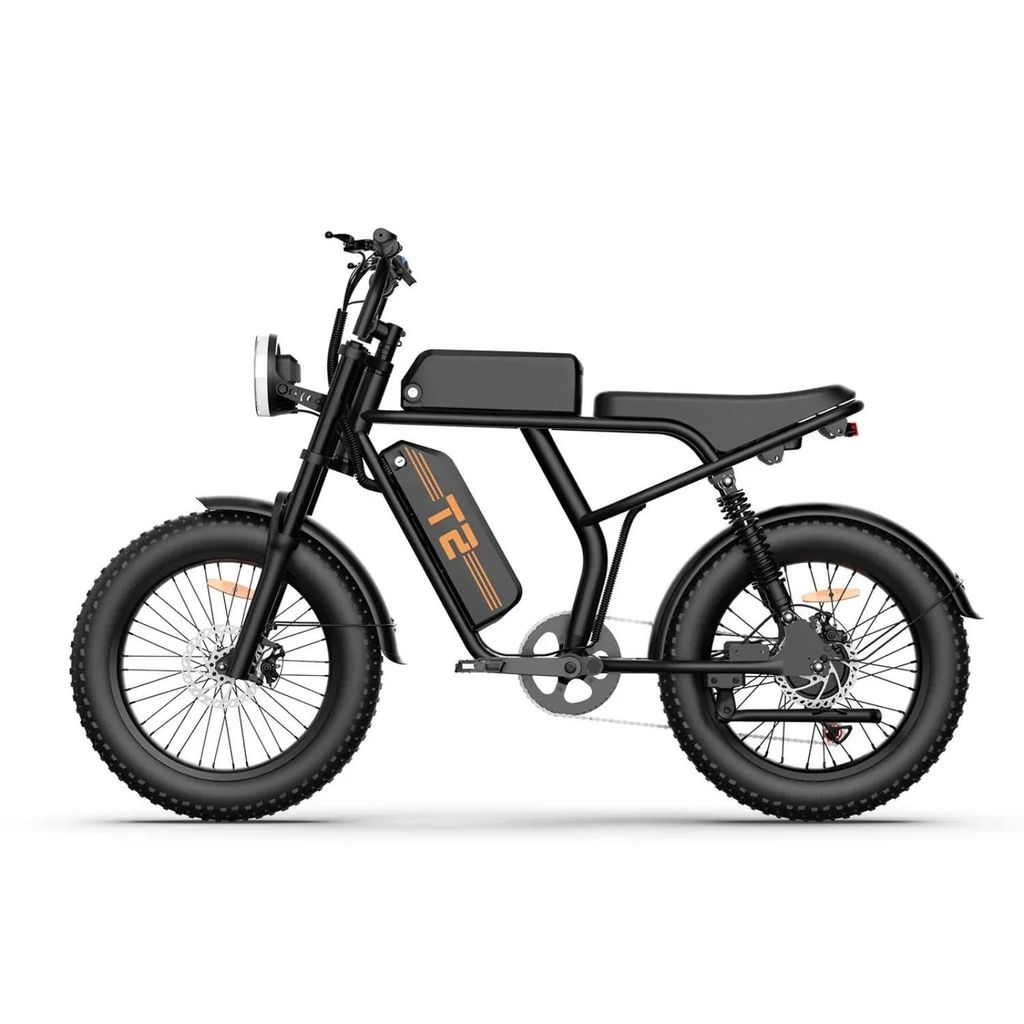 A black electric bicycle is shown against a white background.