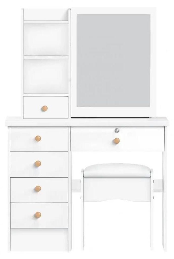 Schminktisch - Frisierkommode Schlafzimmer - Schiebespiegel - 6 Schubladen & Offene Regale - Versteckter Stauraum - Mit Hocker - Weiß
