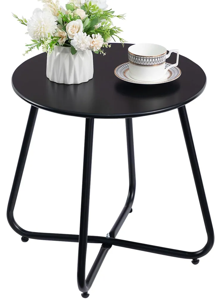 Table d'appoint d'extérieur en métal noir, guéridon de jardin robuste