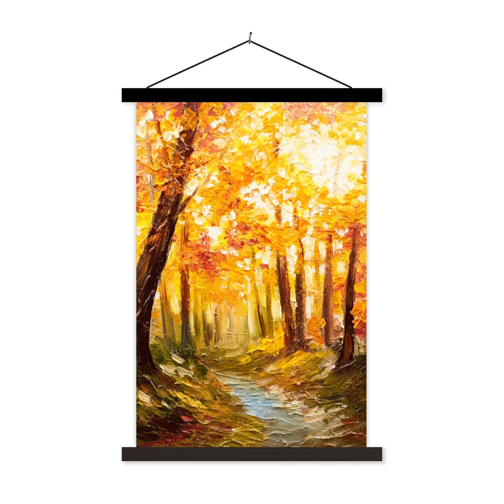MuchoWow Textilposter Gemälde - Herbst - Wald - Ölgemälde 120x180 cm mit schwarzem Rahmen - Fotos
