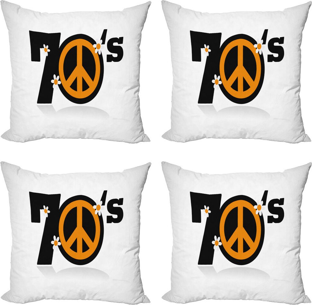 ABAKUHAUS 70s-Party Kissenbezug Set (4 Stück), 70 Peace Gänseblümchen, Moderner Doppelseitiger Digitaldruck, 45 cm x 45 cm, Schwarz Marigold Weiß