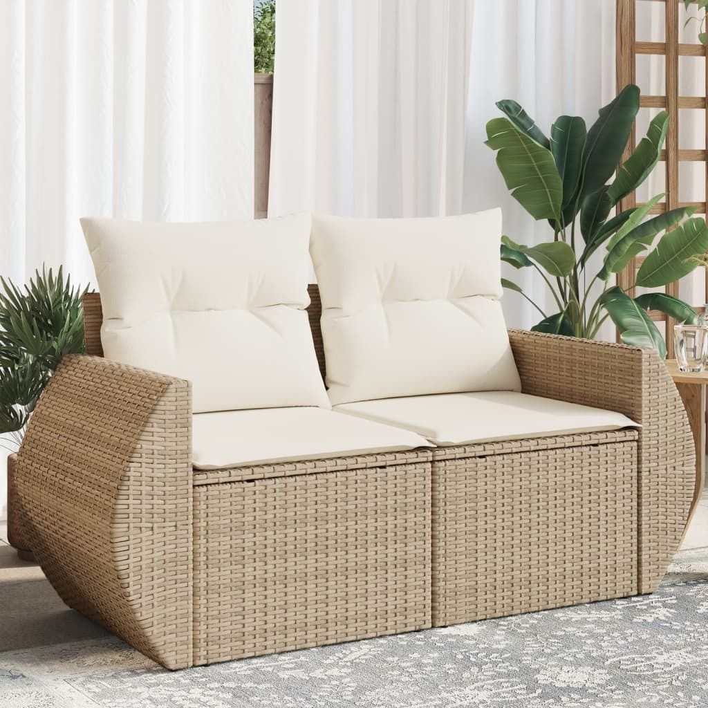 Gartensofa mit Kissen 2-Sitzer Beige Poly Rattan, Gartensofas 366062