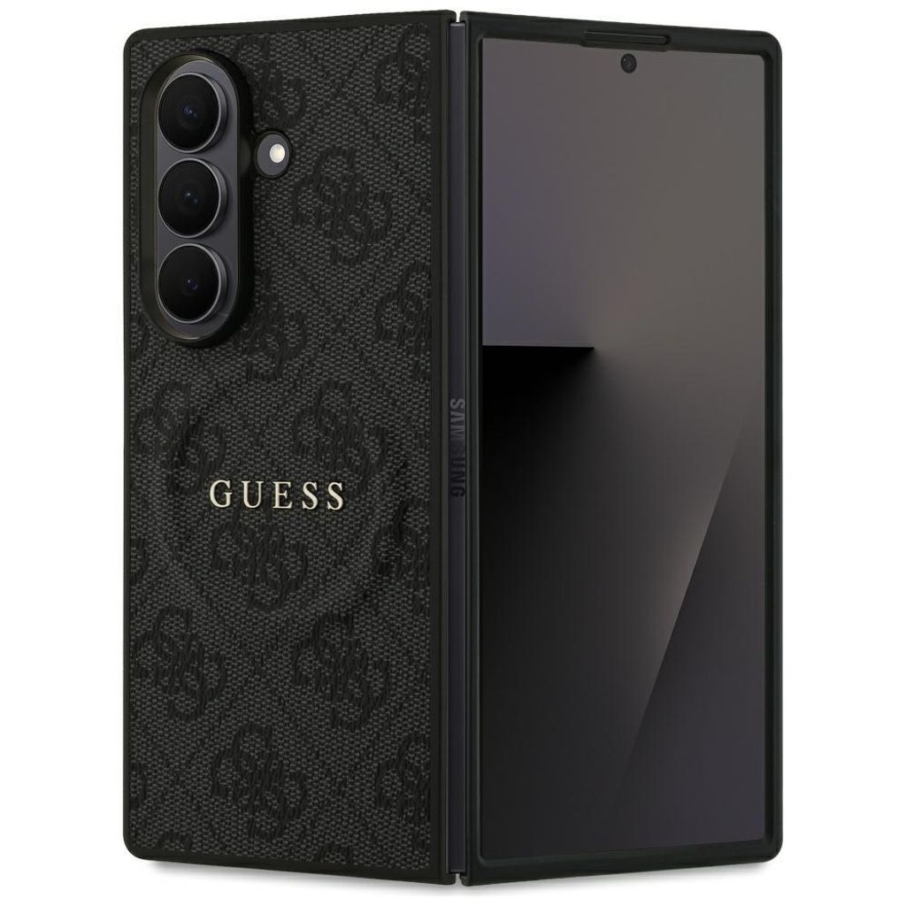 A folded smartphone with a patterned case is shown against a white background.