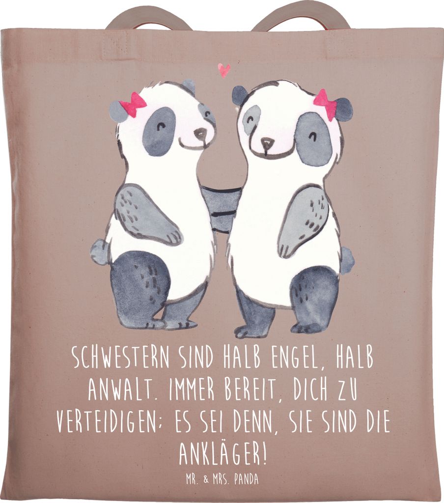Mr. & Mrs. Panda Jutebeutel Schwesternwunder - Braun Pastell - Geschenk, Erinnerungen, Geschwisterliebe, Laptoptasche, Tote Bag, geschwisterstreit,...