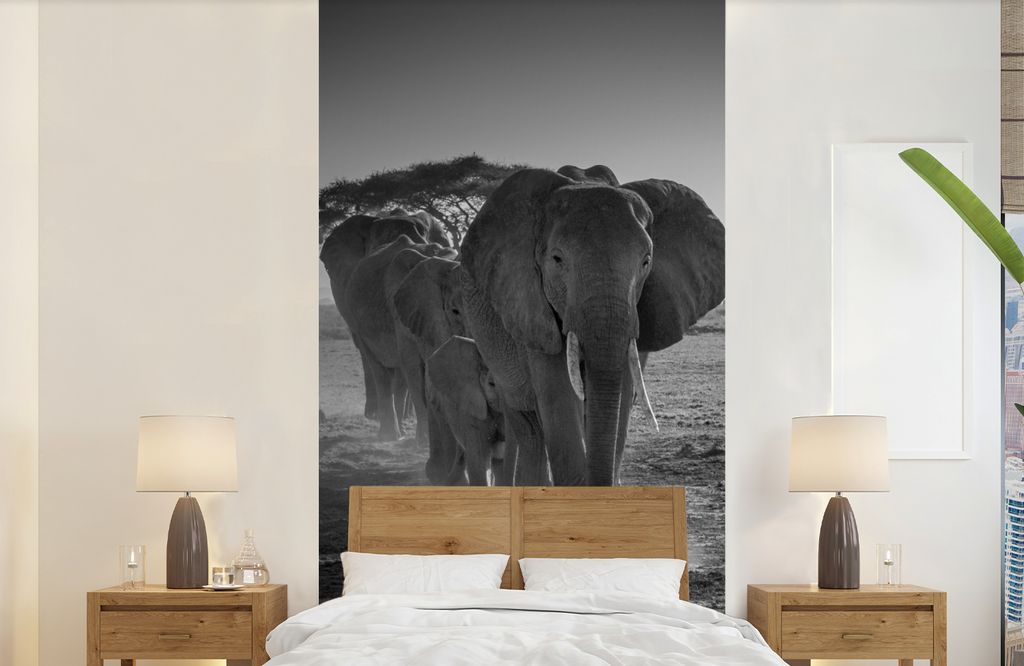 MuchoWow Fototapete für Wohnzimmer oder Schlafzimmer Wandtapete Vinyl Motivtapete Elefanten in Kenia in Schwarz und Weiß - 120x240 cm - Hinterg...