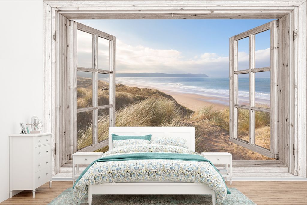 MuchoWow Fototapete für Wohnzimmer oder Schlafzimmer Wandtapete Vinyl Motivtapete Durchblick - Strand - Meer - Dünen - Strandgras - Sand - Blau...