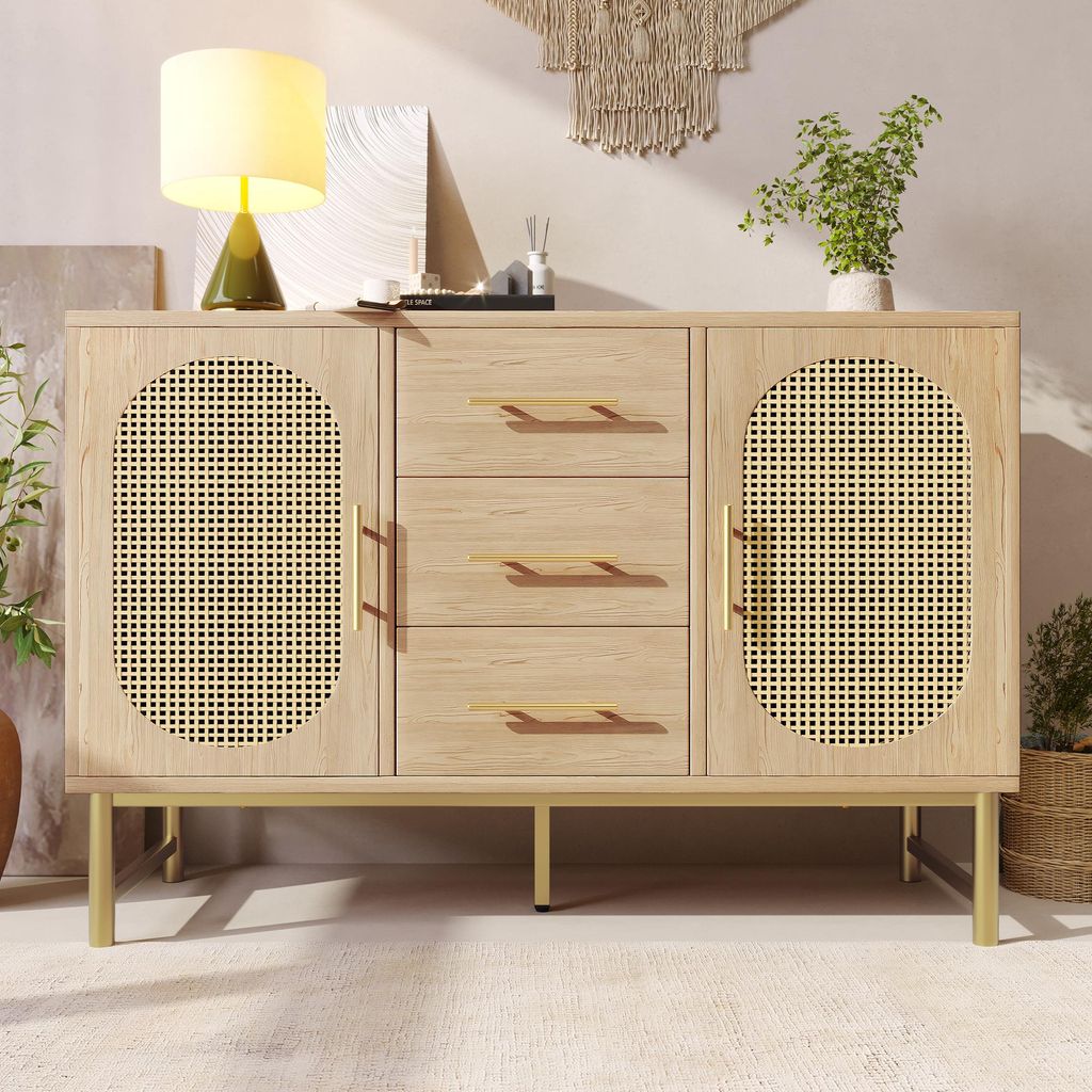 Sweiko Rattan kommode Sideboard mit 3-Schubladen und 2-Rattan-Türer,komodenschrank, Schminktisch, für Schlafzimmer und Wohnzimmer, Verstellbare R...