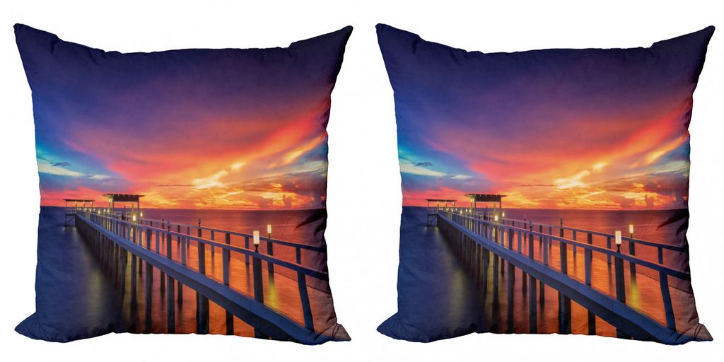 ABAKUHAUS Landschaft Kissenbezug Set (2Stück), Holzbrücke Im Hafen Bei Sonnenaufgang Horizont Kerze Romantische Liebe Druck, 60x60cm, Orange Navy