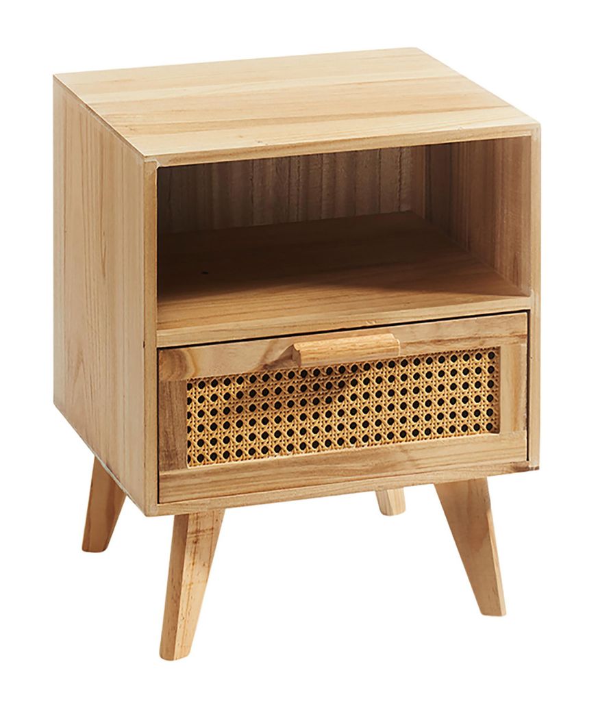 A wooden nightstand with a drawer and an open shelf, set against a white background.