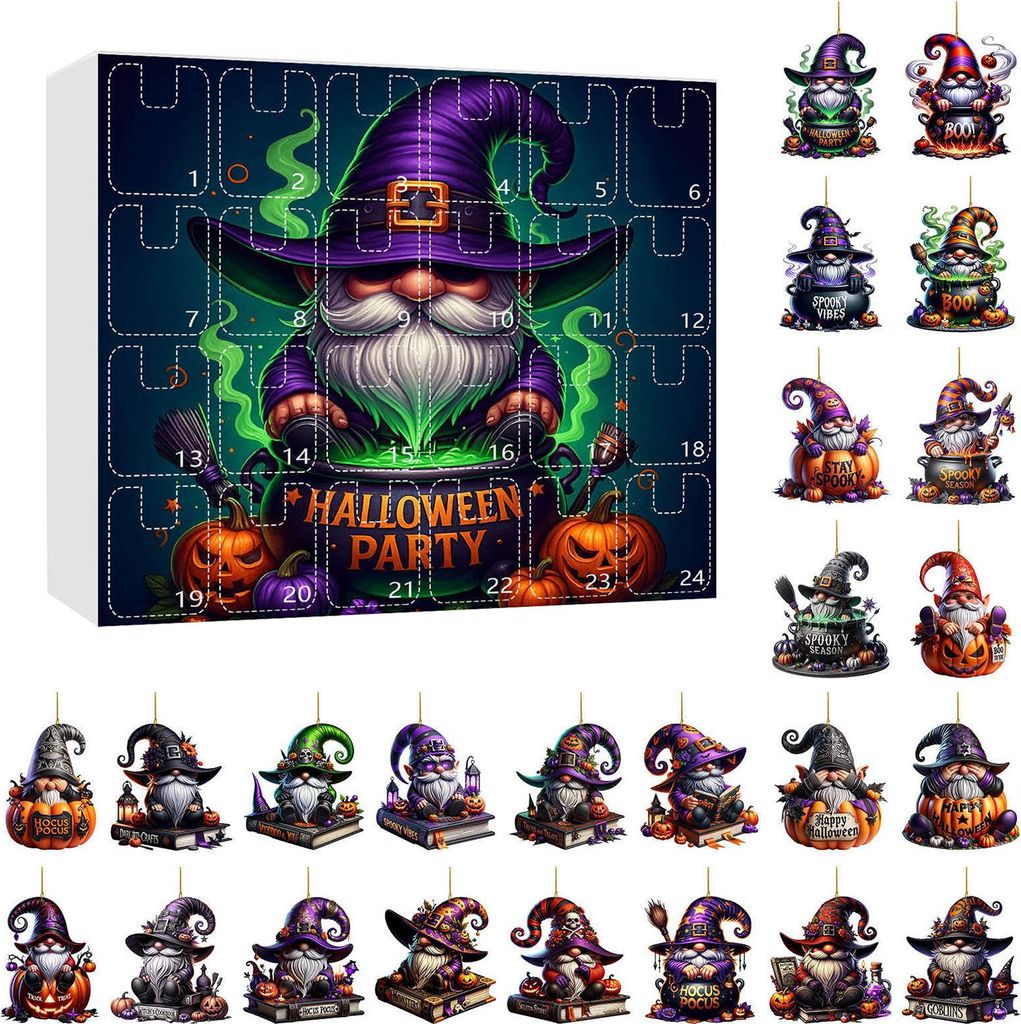 Halloween-Gnom-Adventskalender 2025, 2D-Acryl-Hängeornamente, 24-Tage-Countdown-Kalender für die Weihnachtsdekoration