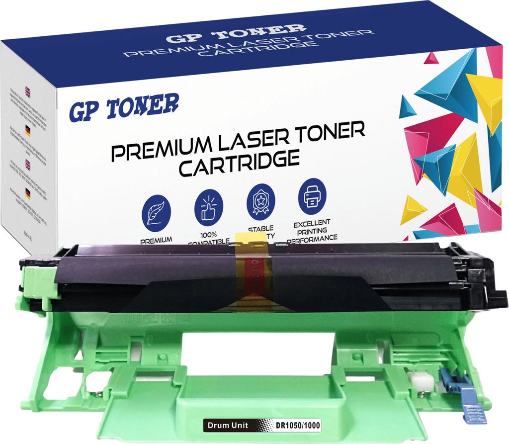A printer drum unit and its packaging are shown against a white background.