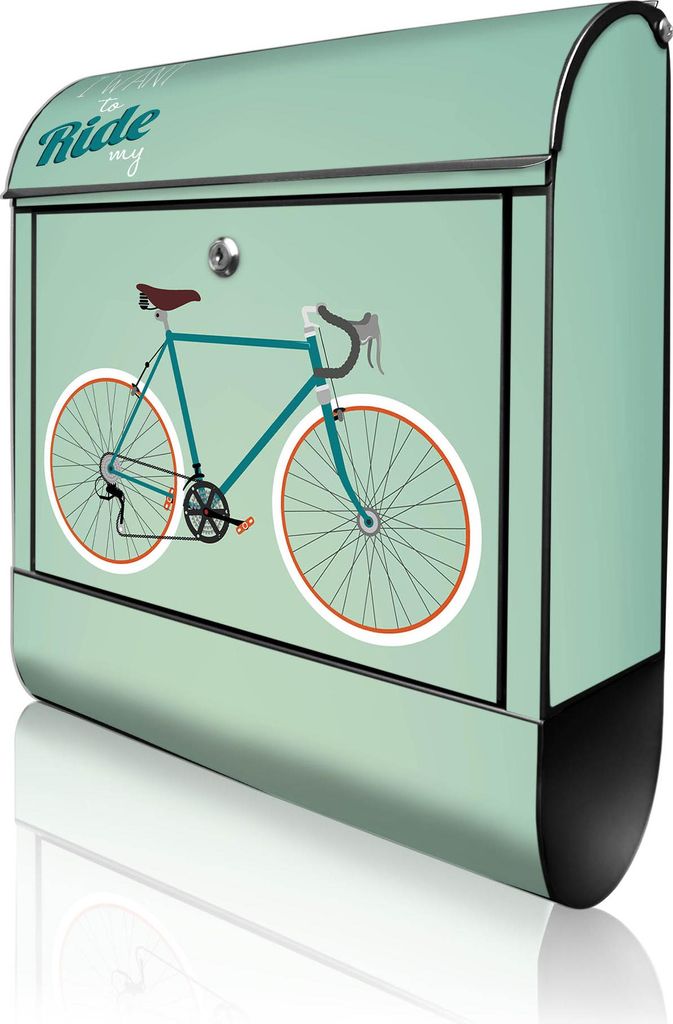 banjado Design Briefkasten Stahl schwarz mit Zeitungsfach pulverbeschichtet "I want to ride my bike" 38x46x12,5cm & 2 Schlüssel - Postkasten A4 Ei...