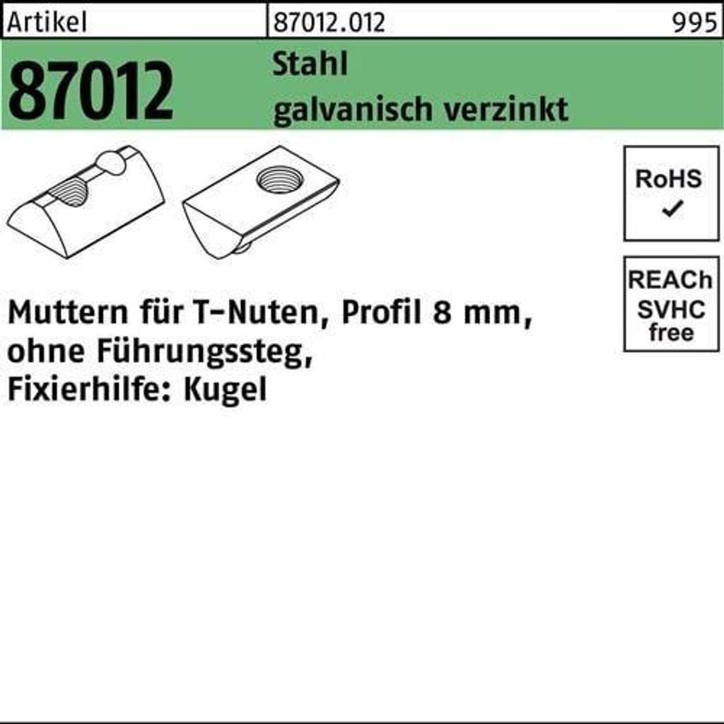 T-Nutenmutter R 87012 o.Fhrungssteg 8mm M 8 Stahl galvanisch verzinkt