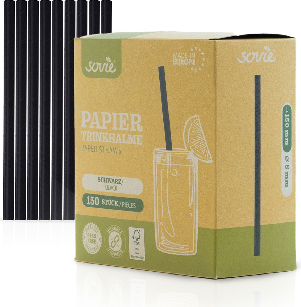 Trinkhalme in schwarz aus Papier, Ø 8 mm / 15 cm, 150 Stück verpackt im Pappkarton - Mank