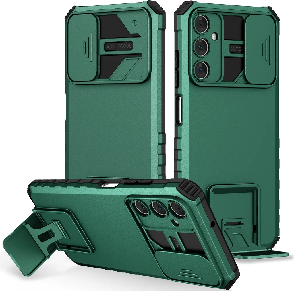 Custodia per Samsung Galaxy A05S a doppio strato robusta, protezione militare con supporto e protezione fotocamera scorrevole verde