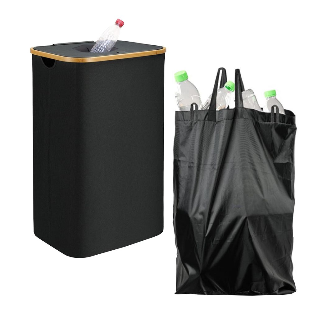 Bestlivings 100L Pfandflaschen Sammelbehälter mit Bambusrahmen und Deckel, Leergut Aufbewahrung aus Oxford-Gewebe mit herausnehmbarer Tragetasche