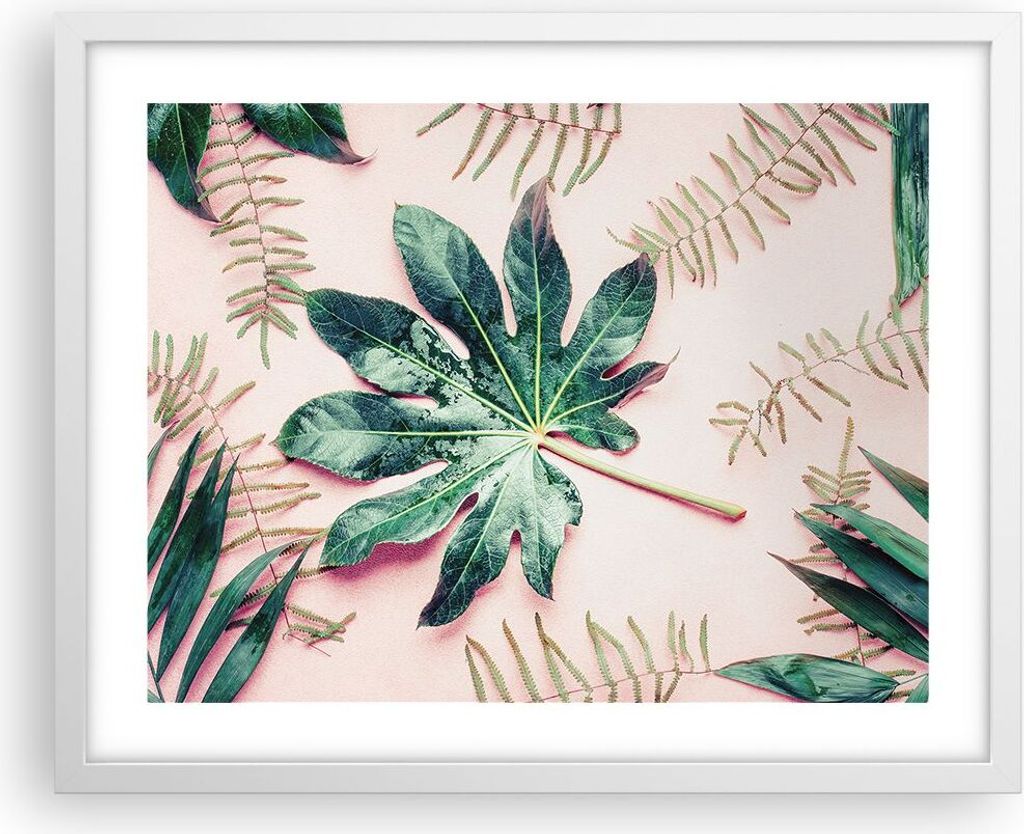 Gerahmtes Poster - Weißer Rahmen - Blatt Tropisch Palme - 50x40 cm - Wand Bild - Wanddeko - Wandbilder - Kunstposter - Wandposter - Bilderrahmen -...