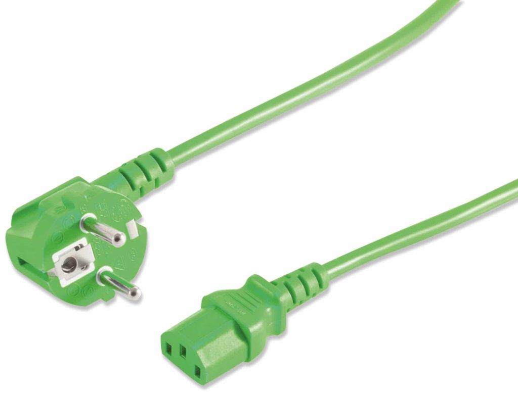 Kaltgeräte Netzkabel Schutzkontakt-Stecker abgewinkelt IEC320-C13 Buchse grün - Länge: 5,0m