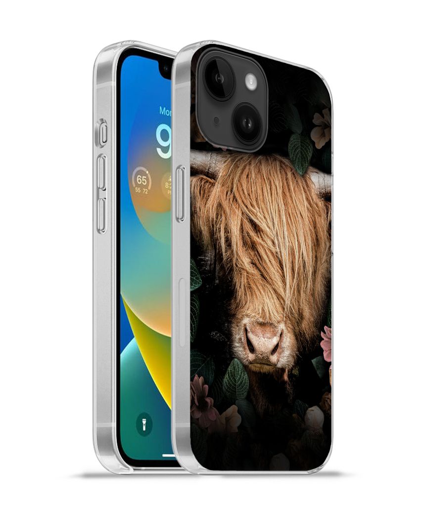 MuchoWow Handyhülle Schutzhülle Hülle für Apple iPhone 14 - Softcase Schottischer Highlander - Kuh - Blätter Silikon Softcase Handy Hülle -...