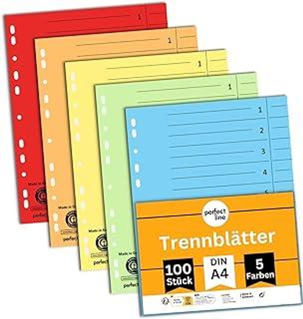 perfect line - 100 Trennblätter, 5 Farben - stabiles Recycling-Papier, für DIN-A4 Ordner und Ringbücher - Blauer Engel , Germany