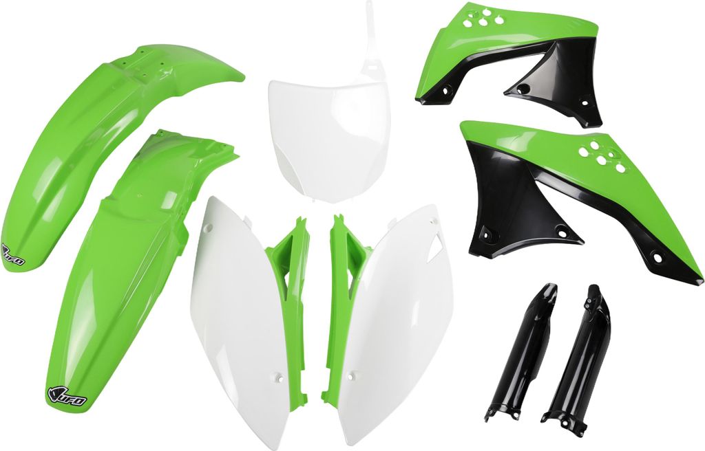Verkleidungskit UFO PLAST 9-teilig Verkleidungssatz Kunststoff mit Gabelschutz für Kawasaki KX F 450 ccm Bj. 2009 - 2011, Farbe:grün / weiß / sc...
