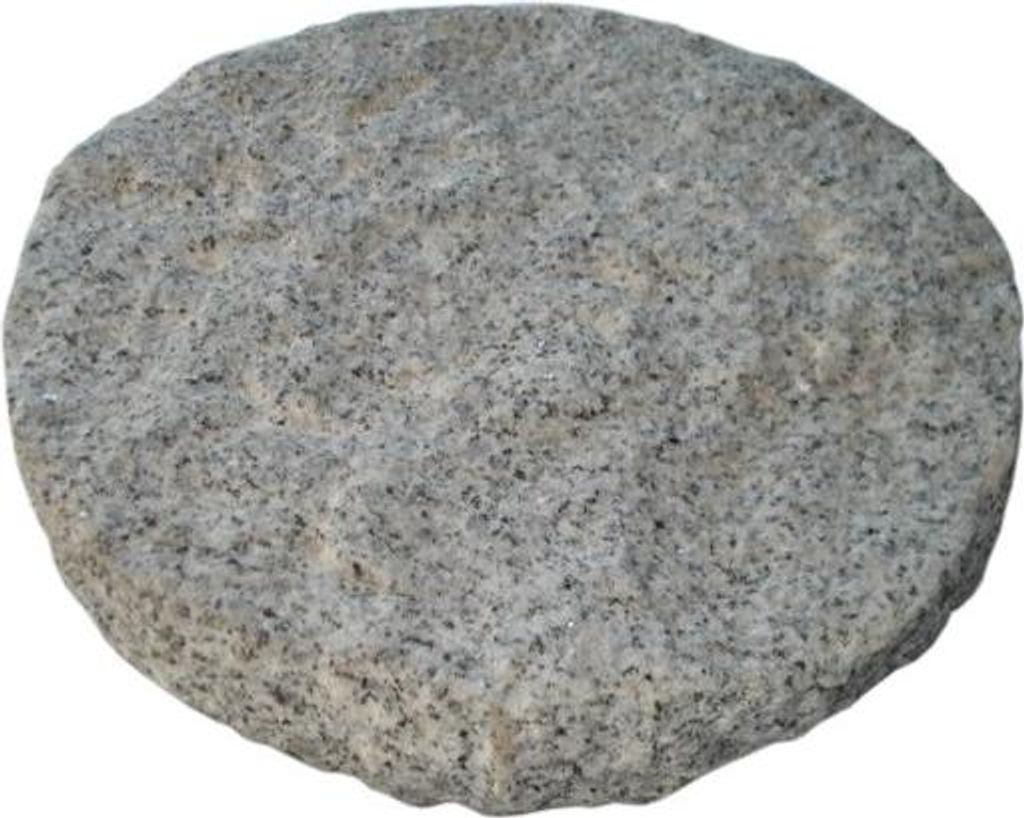 A single, round, gray stone on a white background.