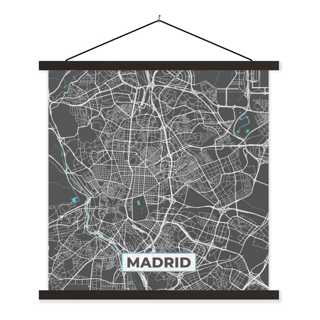 MuchoWow Textilposter Madrid - Blau - Karte - Stadtplan 90x90 cm mit schwarzem Rahmen - Magnetisches
