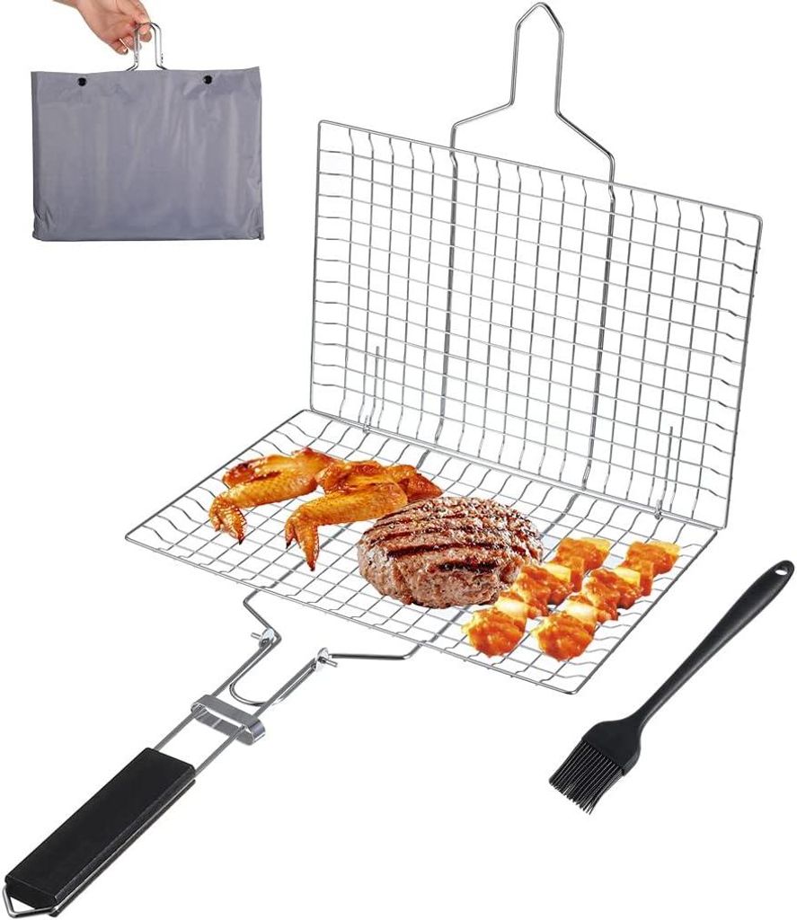 Grillkorb – Edelstahl-Grillkorb, faltbarer Grillkorb mit abnehmbarem Griff, tragbares Grillgitter für Fischsteak, Gemüse, Garnelen, inklusive B...