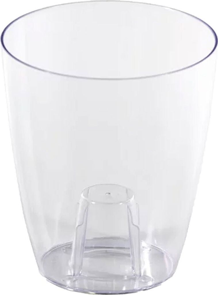 A clear plastic plant pot with an inner support structure.
