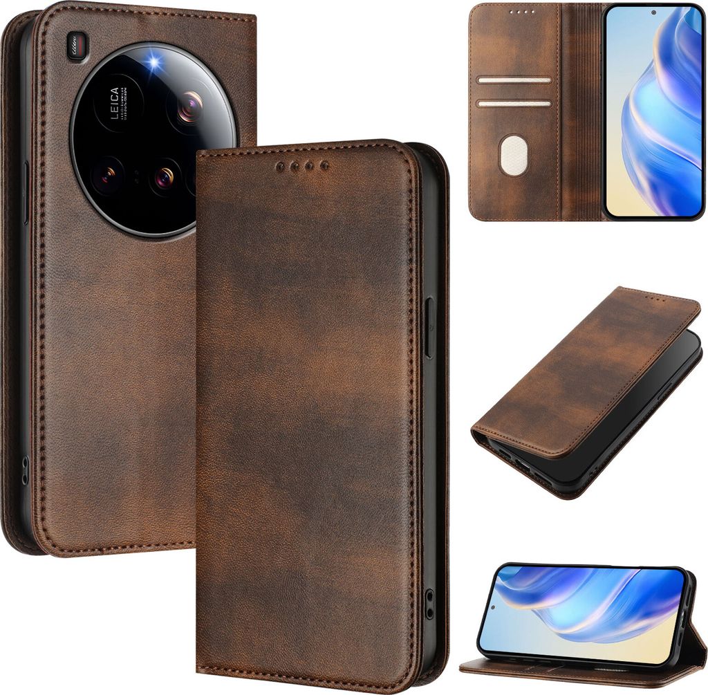 Handyhülle für Xiaomi 15 Ultra, Vintage Leder RFID Schutz Kartenfach Standfunktion Magnetische Klapphülle Braun