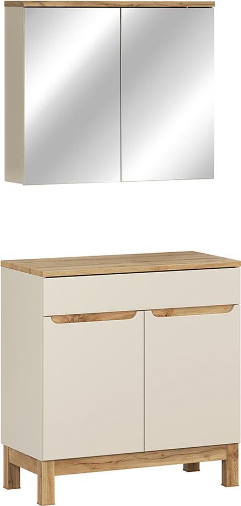 Badmöbel-Set 2-teilig mit 80 cm Waschtischschrank & Spiegelschrank in kaschmir und Eiche, modern grifflos - SOLNA-56-CASHMERE