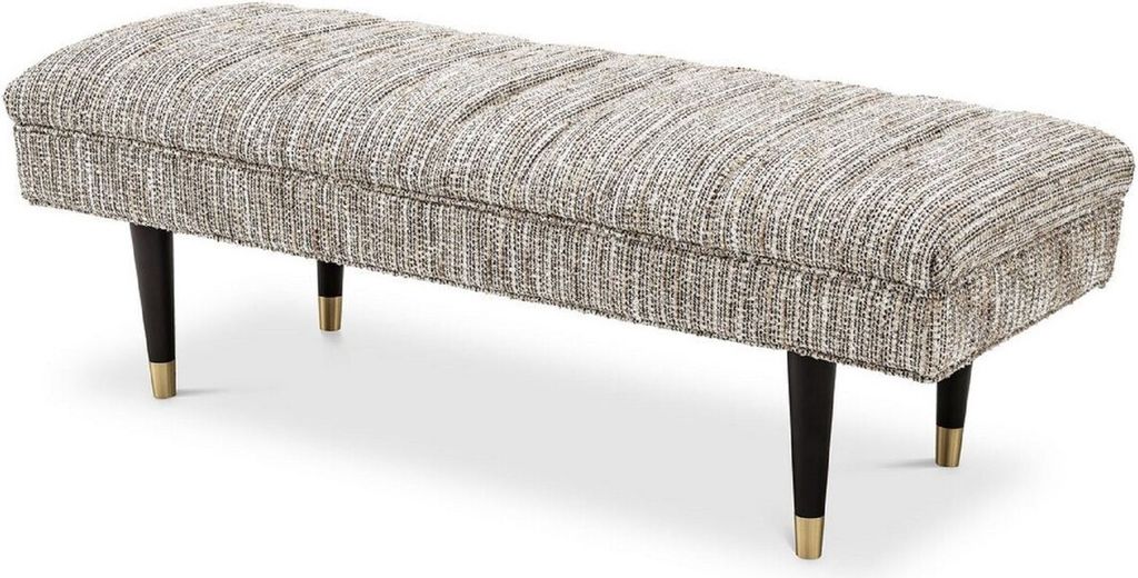 Casa Padrino Luxus Sitzbank Beige / Schwarz / Messingfarben 134 x 50 x H. 45 cm - Gepolsterte Massivholz Bank - Wohnzimmer Möbel - Hotel Möbel - ...