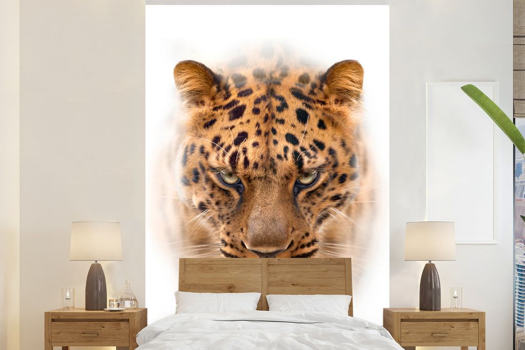 MuchoWow Fototapete für Wohnzimmer oder Schlafzimmer Wandtapete Vinyl Motivtapete Leopard - Kopf - Weiß - 200x300 cm - Wanddekorationen
