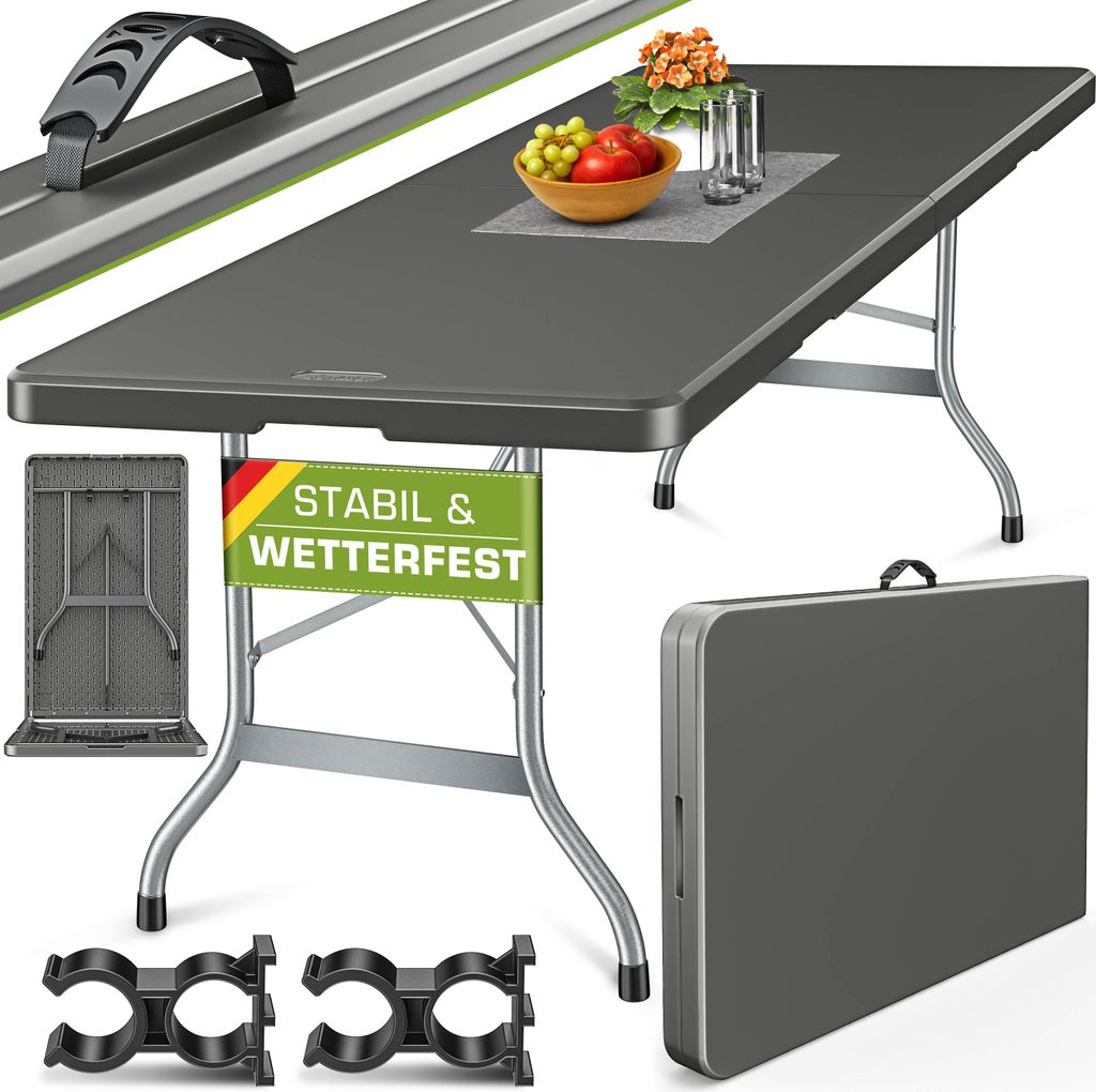 tillvex Gartentisch 220x70cm klappbar Anthrazit Kunststoff | Buffettisch mit Tragegriff | Klapptisch für Garten Terrasse und Balkon | Campingtisch...