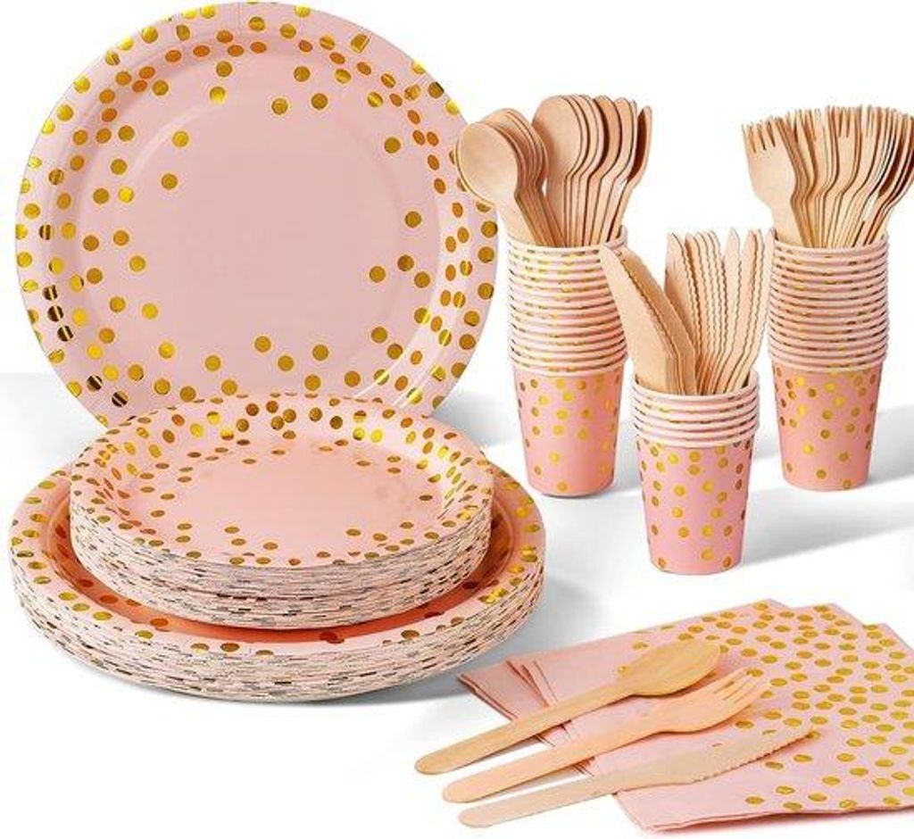 Party Set für 20 Gäste - Pink Gold Papierbecher, -Napkins - Servietten für Hochzeit, Geburtstag, Babyshower